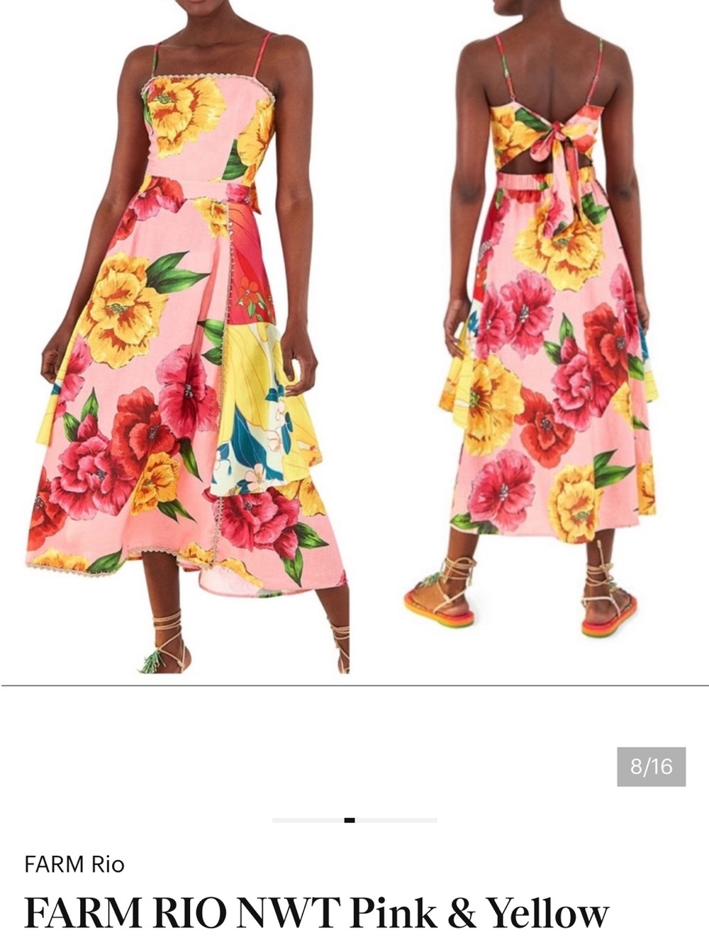 FARM Rio Pink Floral Tie-Back Midi Dress with Yellow Blooms